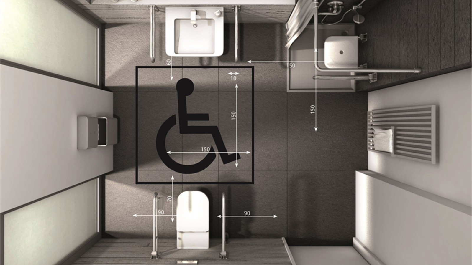 Зона розвороту крісла колісного в інклюзивній ванній кімнаті Зона розвороту крісла колісного в інклюзивній ванній кімнаті