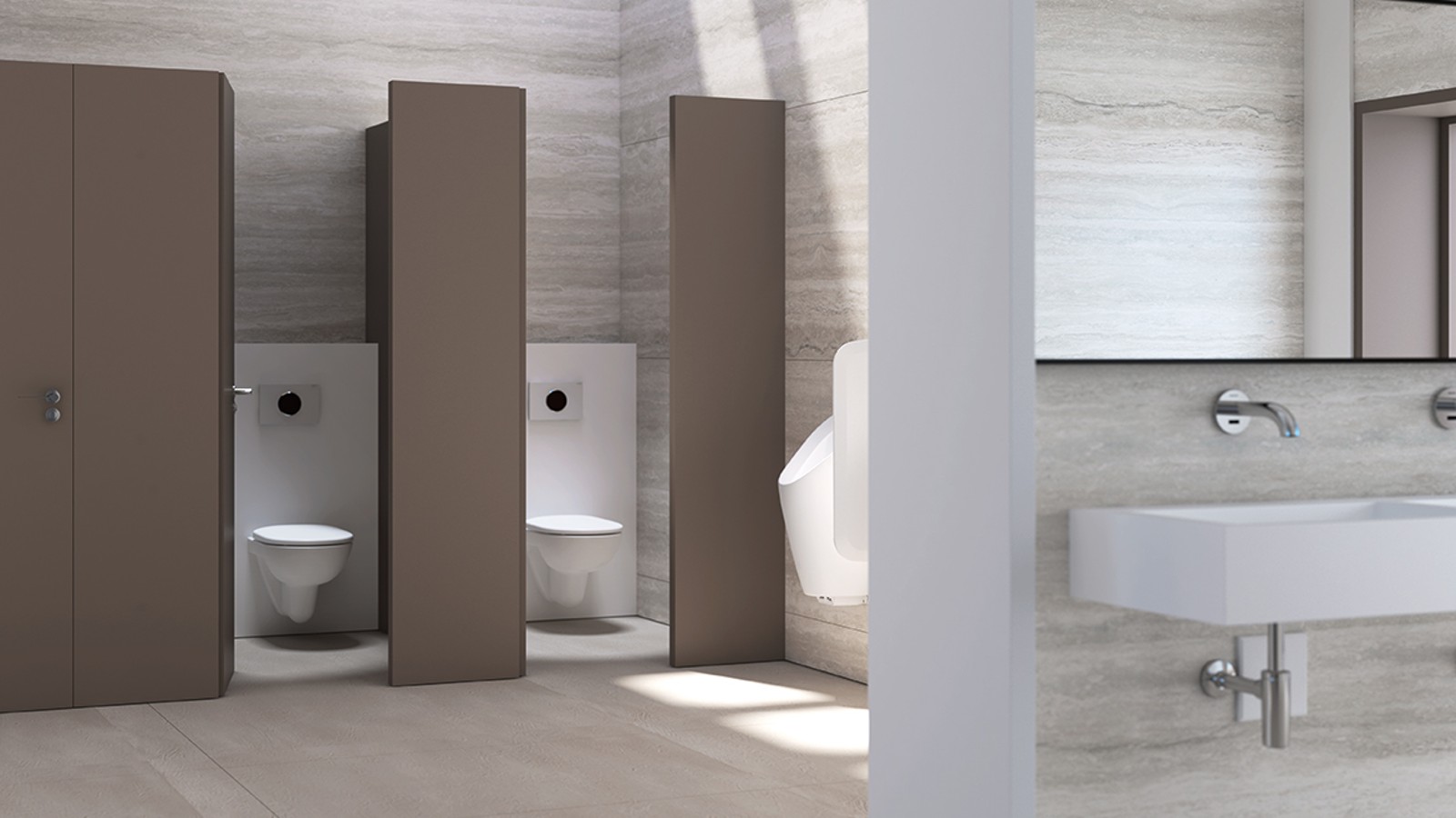 Громадські туалети зі змивними бачками, змивними клавішами та пісуарами Geberit