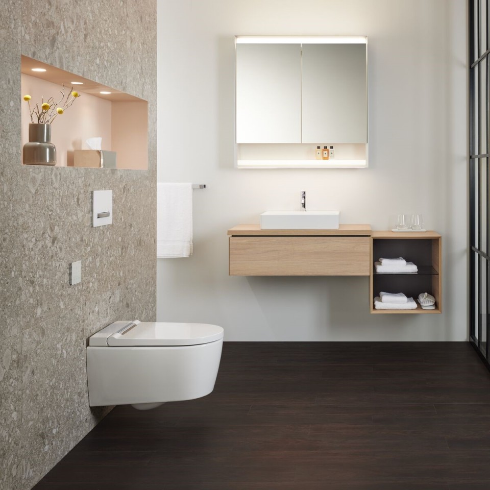 Умивальник Geberit ONE та унітаз-біде Geberit AquaClean Sela з настінною панеллю керування