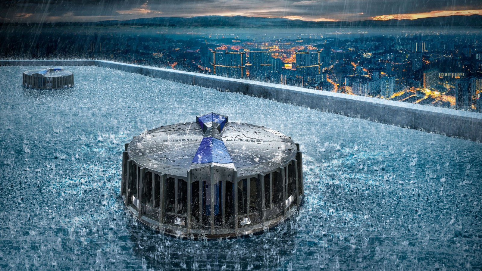 Geberit Pluvia на даху під час зливи Geberit Pluvia на даху під час зливи