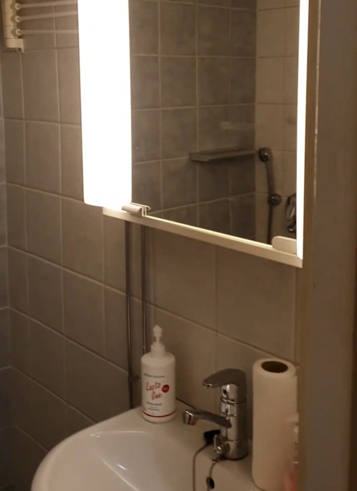 Малюнок перед маленькою ванною кімнатою з дзеркальною шафою та умивальником (© Meja Hynynen)