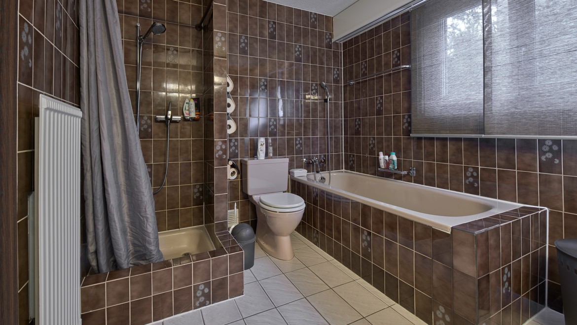 Ванна кімната з вузьким душовим куточком, ванною та підлоговим унітазом