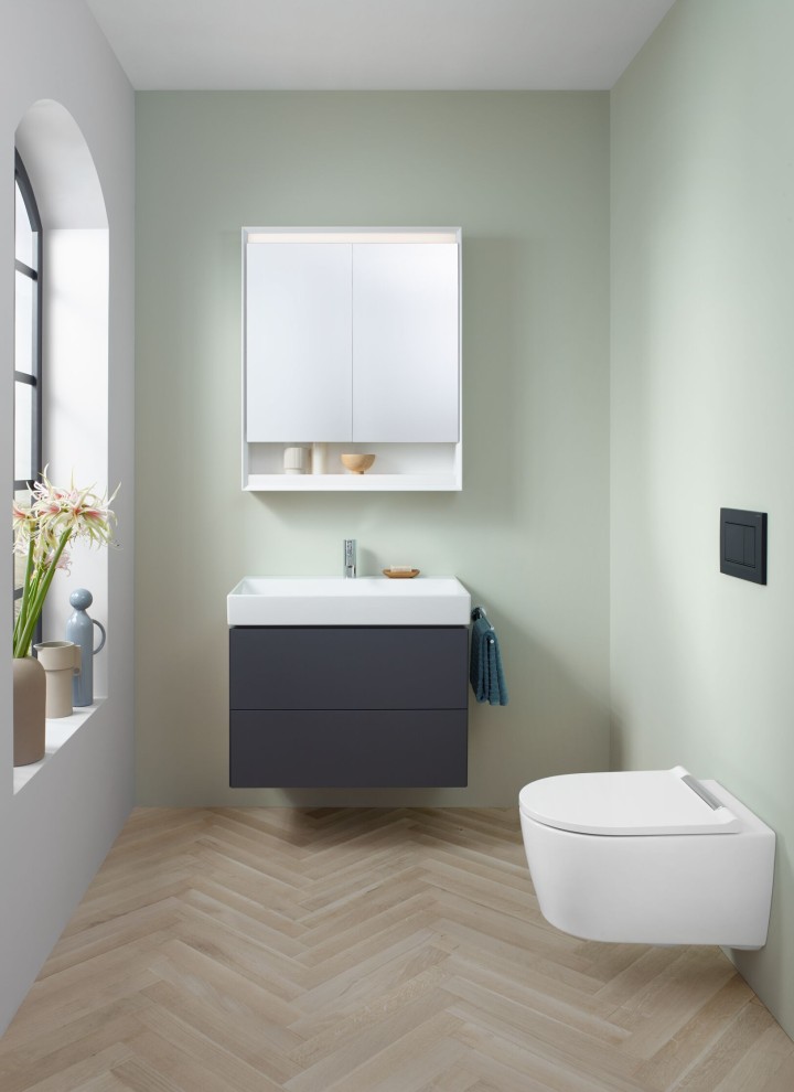 Вид на гостьовий туалет з підвісним унітазом, дзеркалом і тумбою під умивальник серії Geberit ONE для ванної кімнати