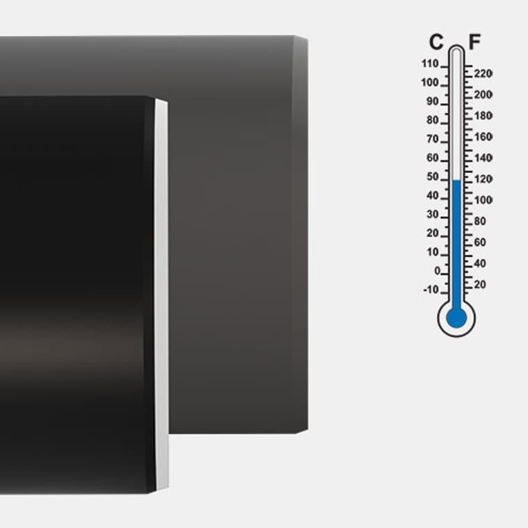 Geberit Silent-PP пропонує чудову термостійкість завдяки низькому лінійному розширенню матеріалу PP-MD. Geberit Silent-PP пропонує чудову термостійкість завдяки низькому лінійному розширенню матеріалу PP-MD.